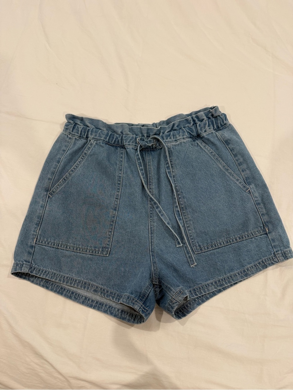 High-Waist Denim Paperbag Shorts in Light Blue